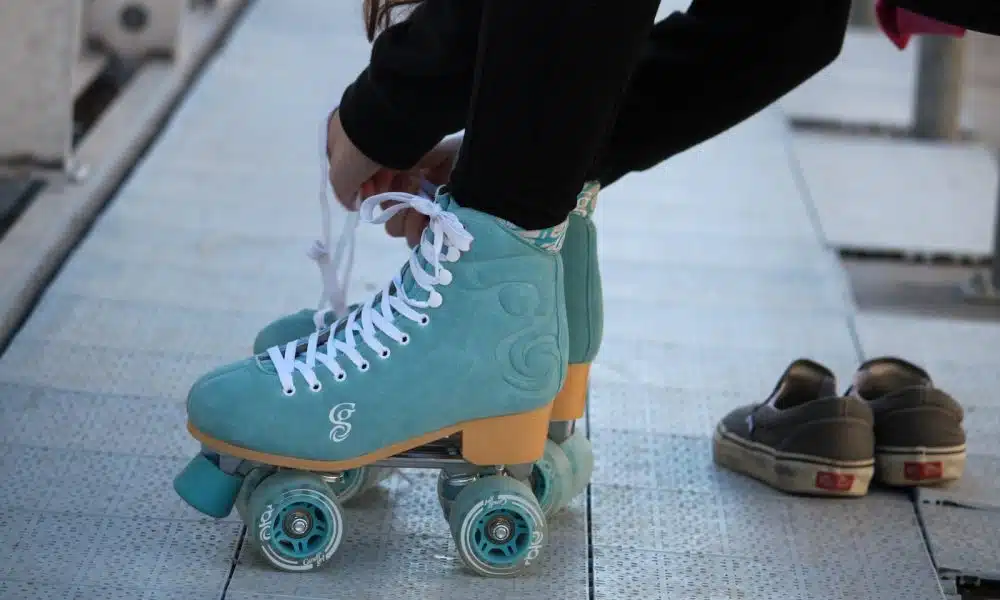 blue-and-white roller skates