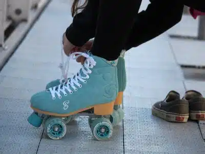 blue-and-white roller skates