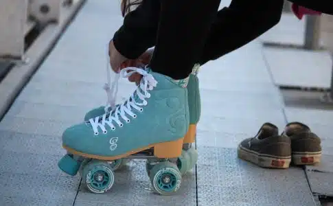 blue-and-white roller skates