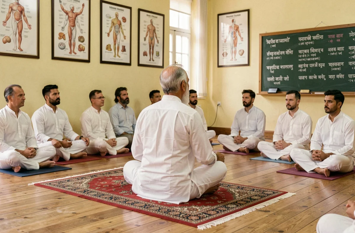 Professeur senior démontrant une posture de Hatha Yoga devant sa classe dans l'Académie de Hatha Yoga avec tableaux anatomiques