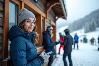 Skieuse achetant un forfait saison au guichet de La Plagne avec vue sur les pistes enneigées