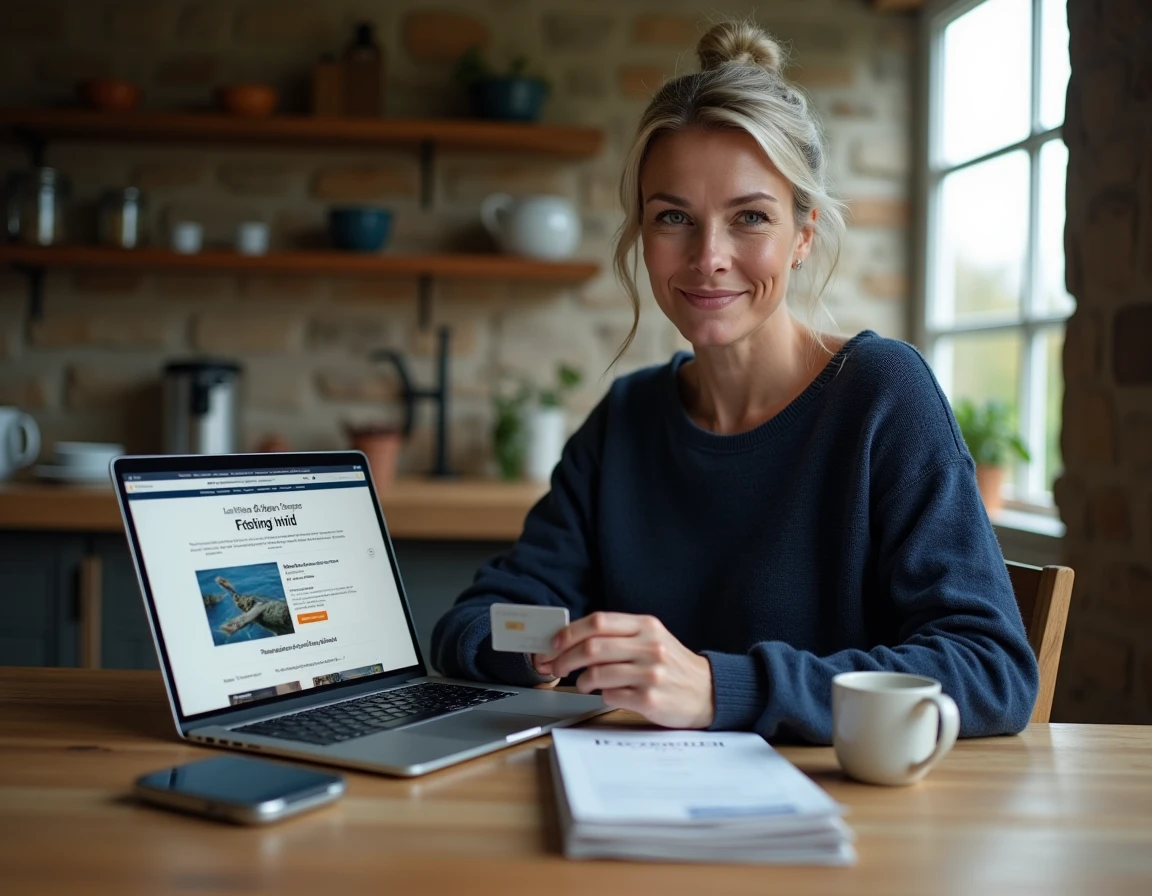 Femme achetant son permis de pêche 2026 en ligne depuis son domicile