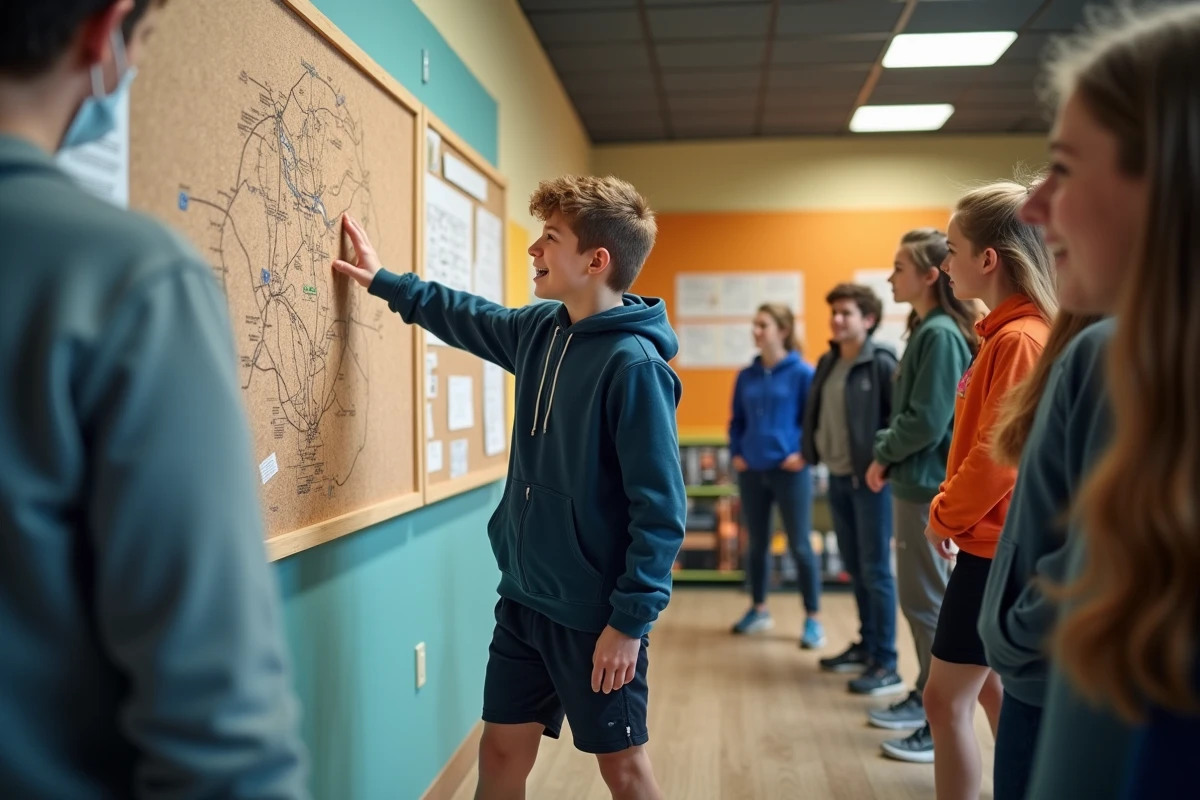 Adolescent montrant une carte de l Isere à ses amis