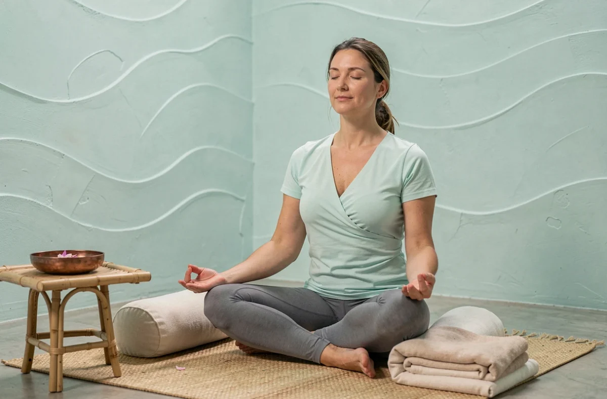 Femme en posture restauratrice avec bolsters dans le studio Ama Yoga aux murs aquamarines et bol de fleurs flottantes
