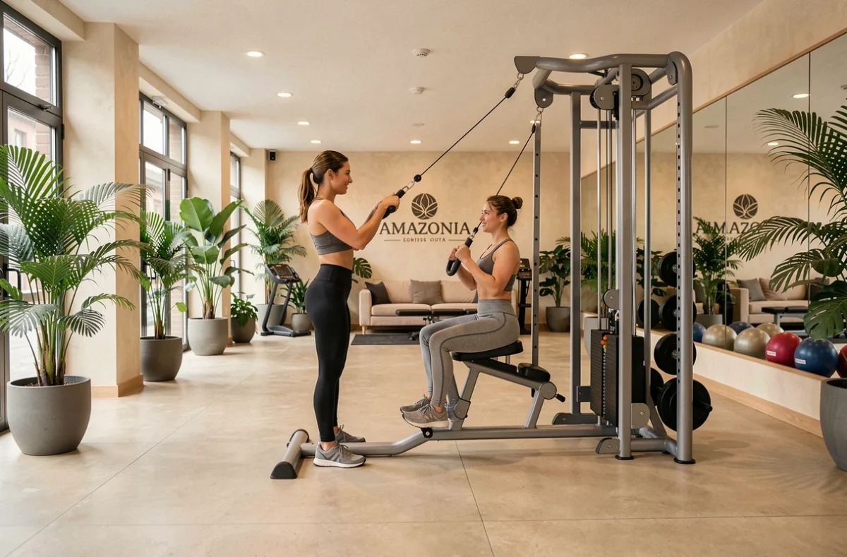 Séance de coaching personnel dans le centre sportif Amazonia à Colmar, avec coach et cliente sur machine