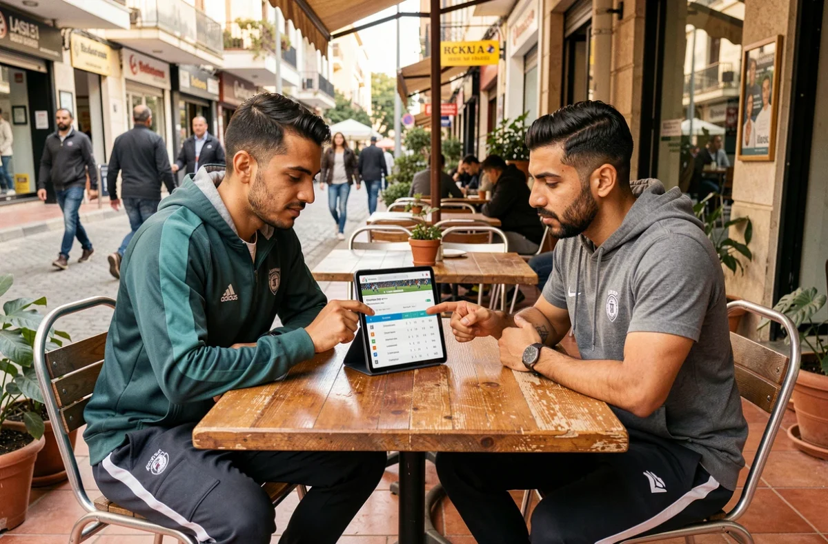 Deux amis algériens analysant le classement de la Ligue 1 sur Competition.dz dans un café à Alger
