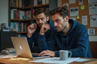 Un homme analyze des rumeurs de mercato du LOSC sur son ordinateur dans un bureau encombré d'articles de football