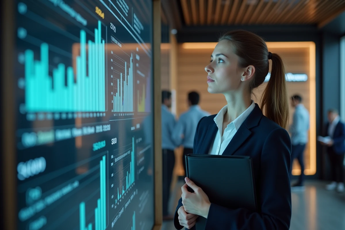 Jeune femme analyste financière regardant des graphiques dans un bureau élégant