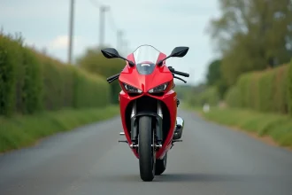 Aprilia RS 125 rouge garée sur route de campagne, vue trois-quarts avant avec carénage et échappement visibles