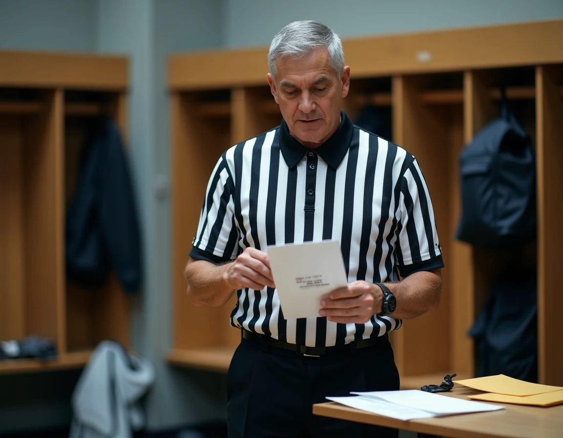 Arbitre de basketball professionnel examinant ses documents de paiement et primes de match dans un vestiaire d'arène sportive