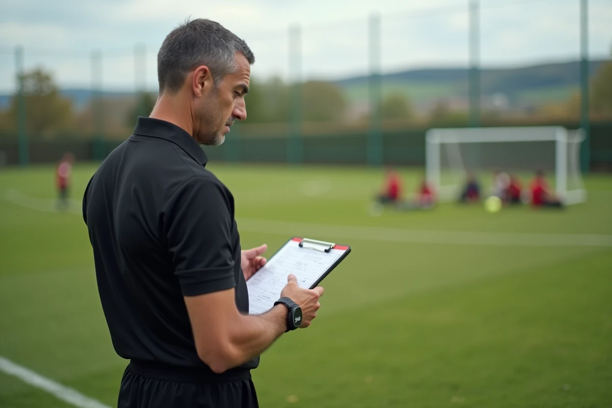 Arbitre consultant ses notes en bord de terrain lors d'un match de Fédérale 2, championnat amateur français