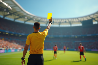Arbitre montrant une carte jaune sur un terrain de football