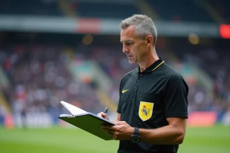 Arbitre professionnel de football consultant ses documents de match sur le bord du terrain dans un stade professionnel