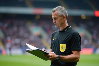 Arbitre professionnel de football consultant ses documents de match sur le bord du terrain dans un stade professionnel