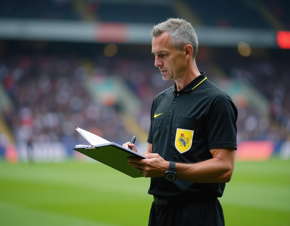 Arbitre professionnel de football consultant ses documents de match sur le bord du terrain dans un stade professionnel