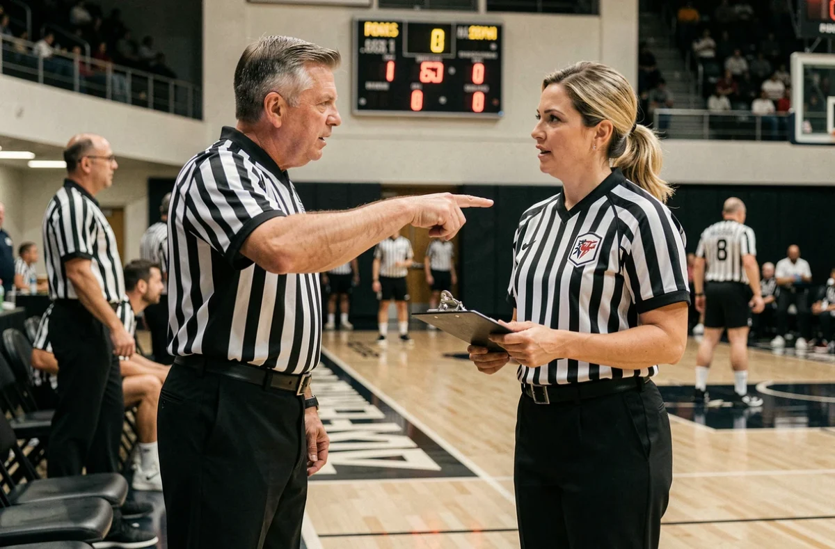 Deux arbitres de basket en discussion sur la touche pendant un temps mort en playoffs, avec l'horloge des tirs visible en fond