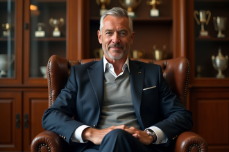 Athlète homme en costume et maillot dans un bureau élégant