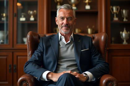 Athlète homme en costume et maillot dans un bureau élégant