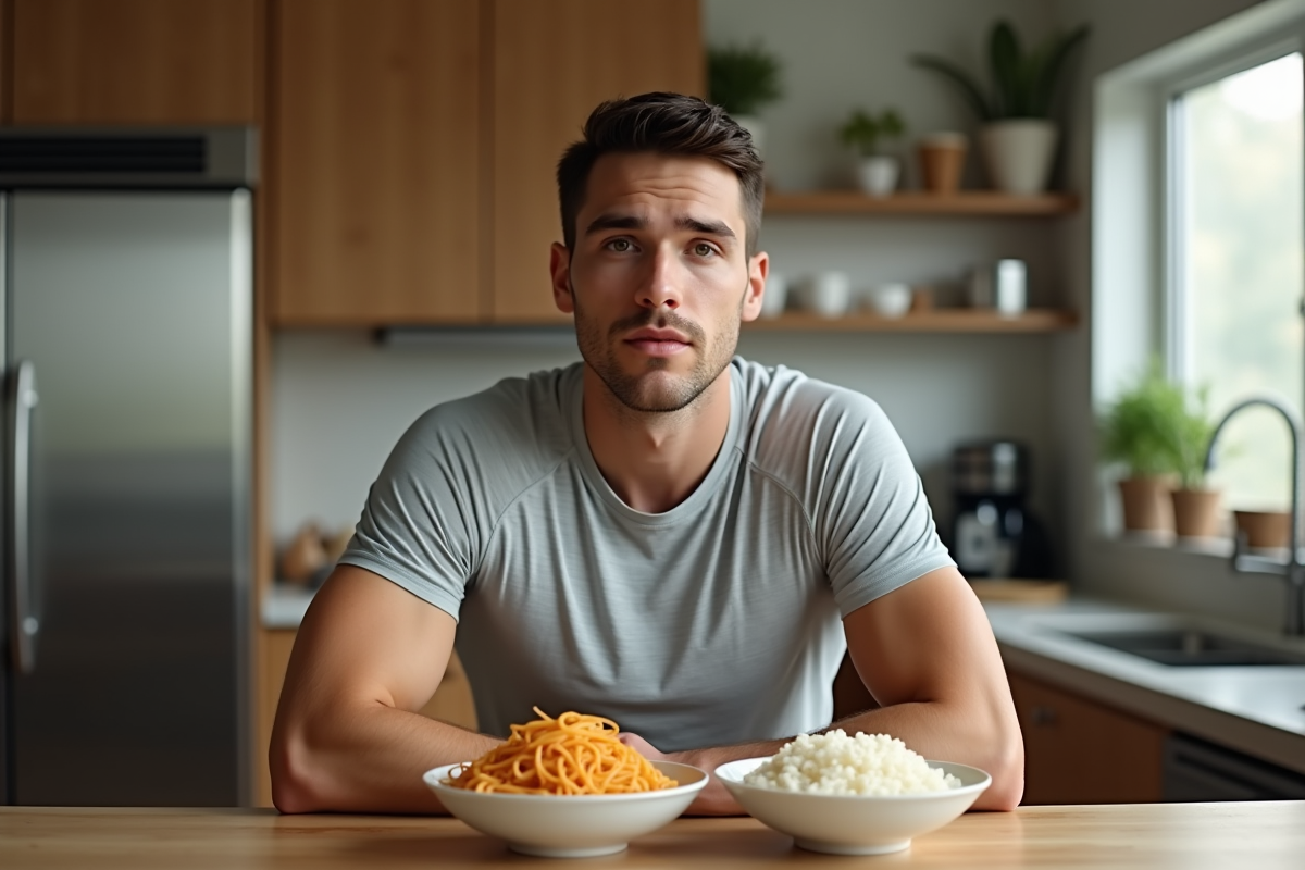 Jeune athlète compare un bol de spaghetti et de riz à la maison