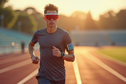 Jeune athlète courant avec bracelet connecté et lunettes high-tech