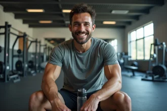 Homme sportif souriant avec probiotiques en salle de sport