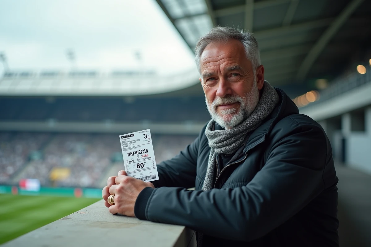 Supporter de la Juventus FC tenant un billet de match devant la façade de l'Allianz Stadium, détail du ticket avec numéro de tribune
