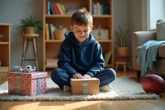 Garçon de 11 ans assis entouré de cadeaux sportifs et high-tech dans un salon chaleureux