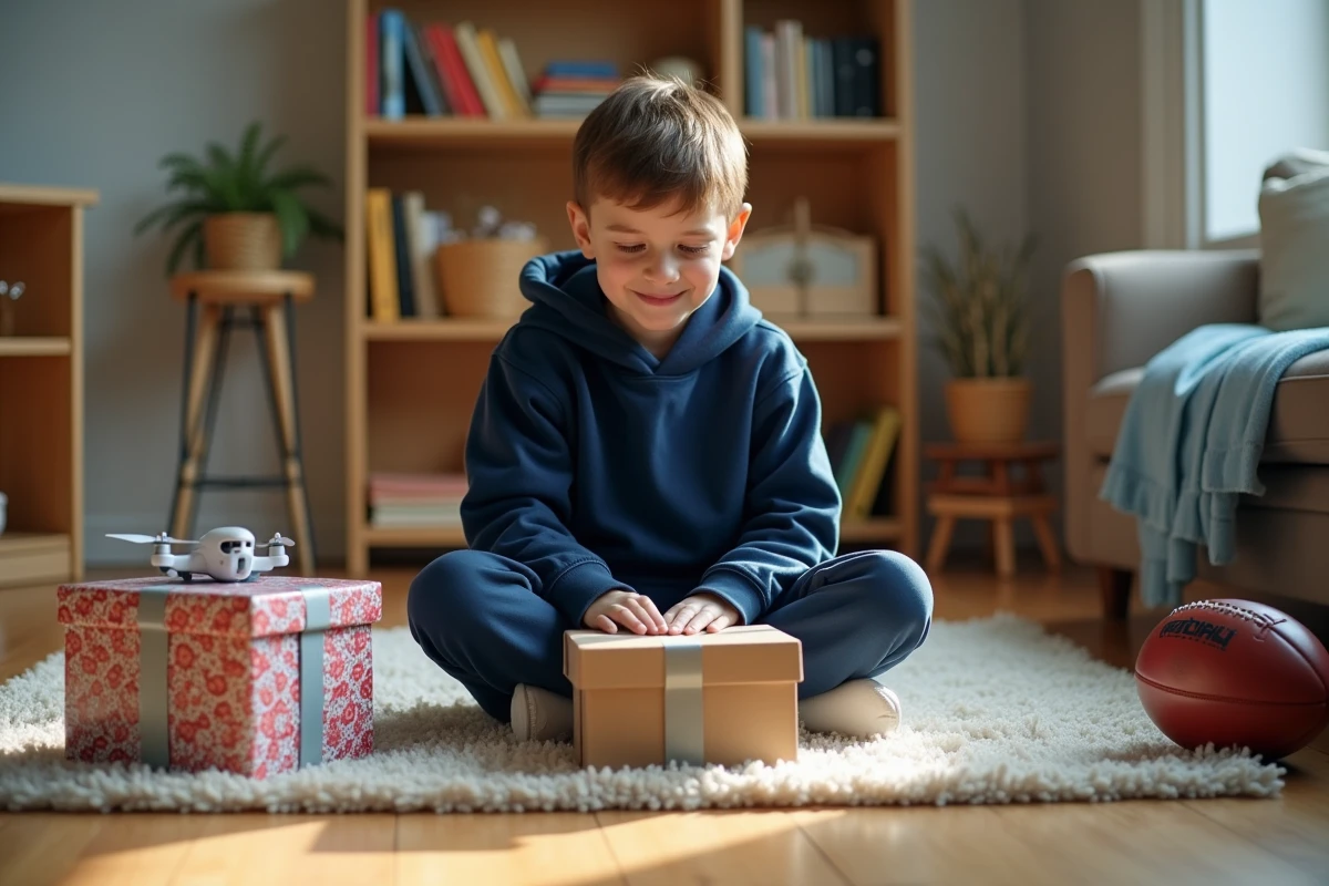 Garçon de 11 ans assis entouré de cadeaux sportifs et high-tech dans un salon chaleureux