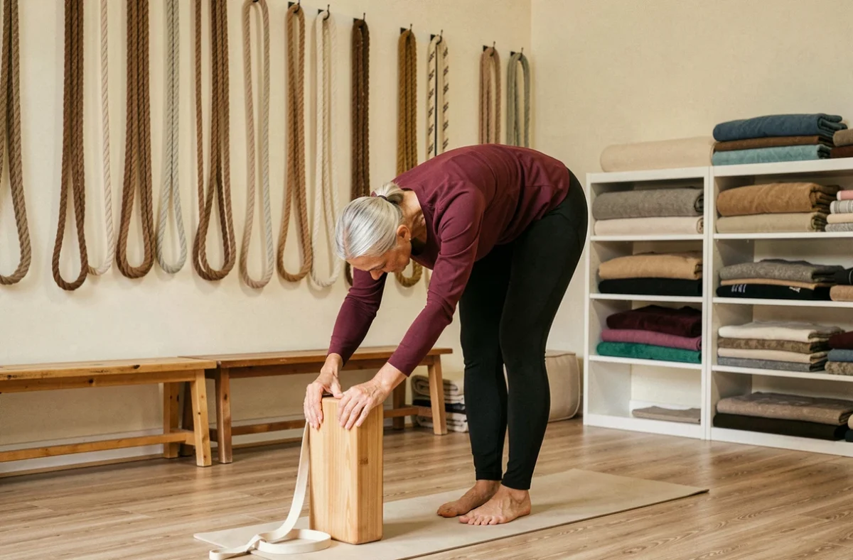 Pratiquante utilisant des accessoires Iyengar traditionnels dans le Centre de Yoga Iyengar avec cordes murales et bolsters