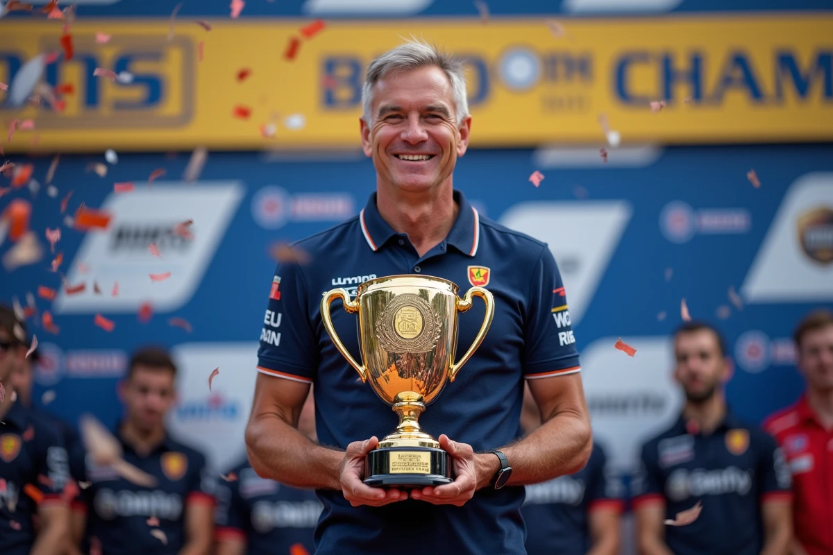 Champion MotoGP soulevant un trophée du championnat du monde sur le podium, confettis en l'air, expression de joie et fierté authentique