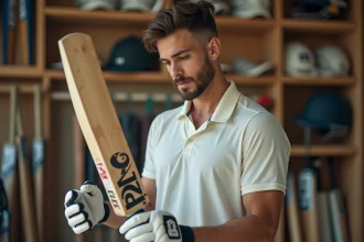 Joueur de cricket évaluant une batte Beat All Sports dans un magasin de sport spécialisé