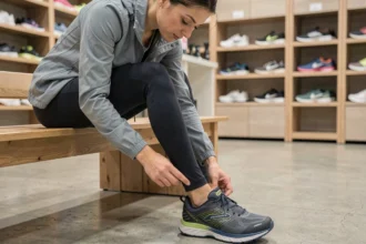 Femme essayant une chaussure de trail Brooks Cascadia dans un magasin de sport pour choisir la bonne pointure