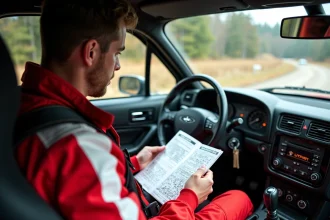 Co-pilote de rallye étudiant ses notes de pace notes dans l'habitacle d'une voiture de compétition pour la saison 2026