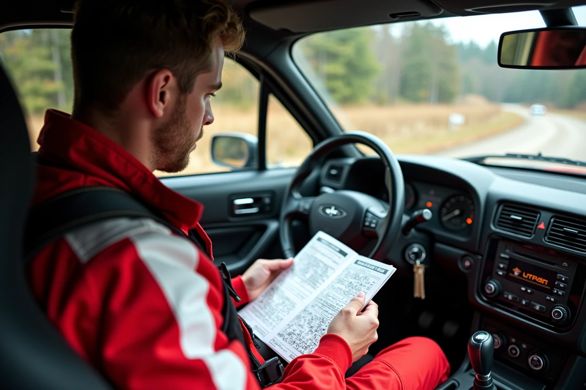 Co-pilote de rallye étudiant ses notes de pace notes dans l'habitacle d'une voiture de compétition pour la saison 2026