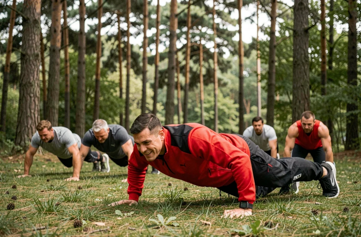 Coach sportif Sénart animant un bootcamp en plein air dans la forêt de Sénart avec un groupe d'adultes