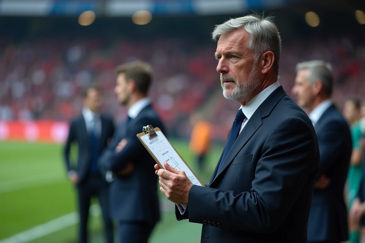 Entraineur de football en costume donnant des instructions lors d