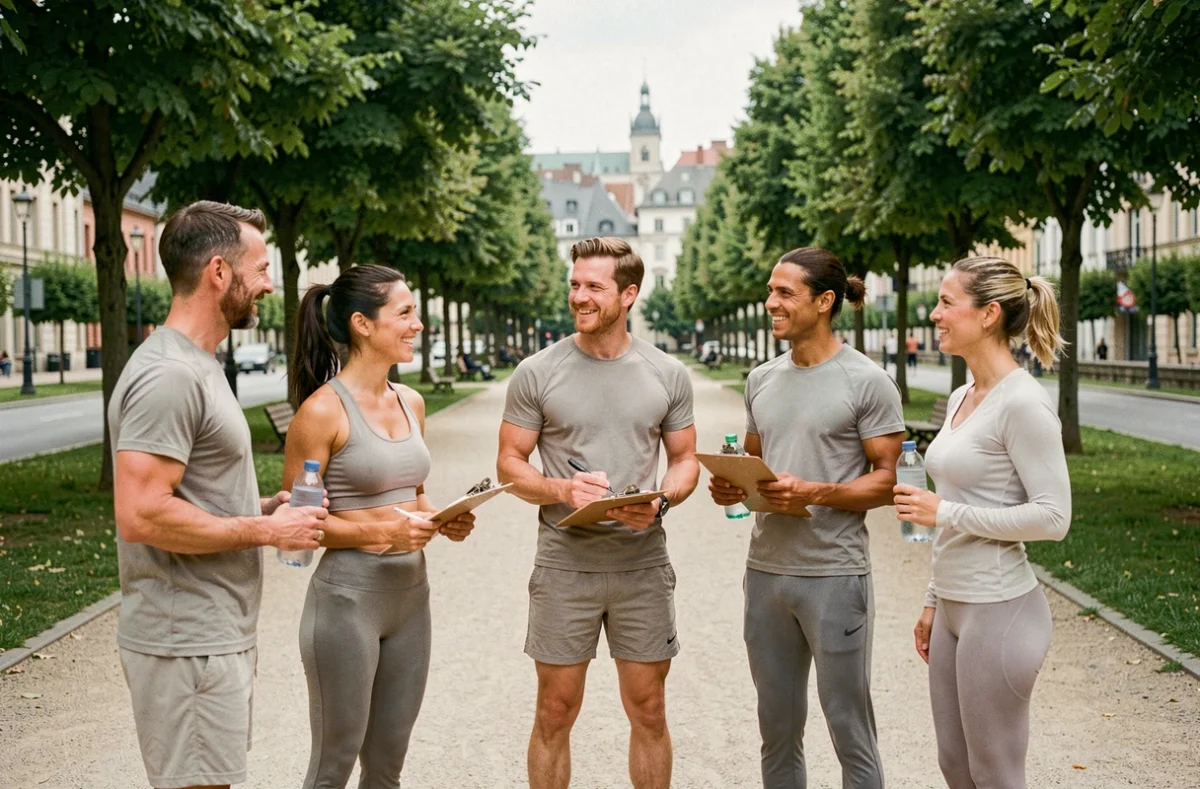 Groupe de coachs sportifs professionnels dans le Grand Est, réunis en plein air dans un parc urbain