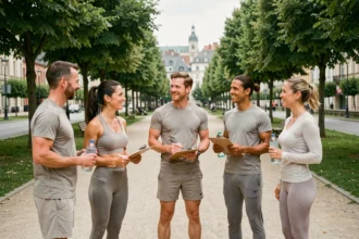 Groupe de coachs sportifs professionnels dans le Grand Est, réunis en plein air dans un parc urbain