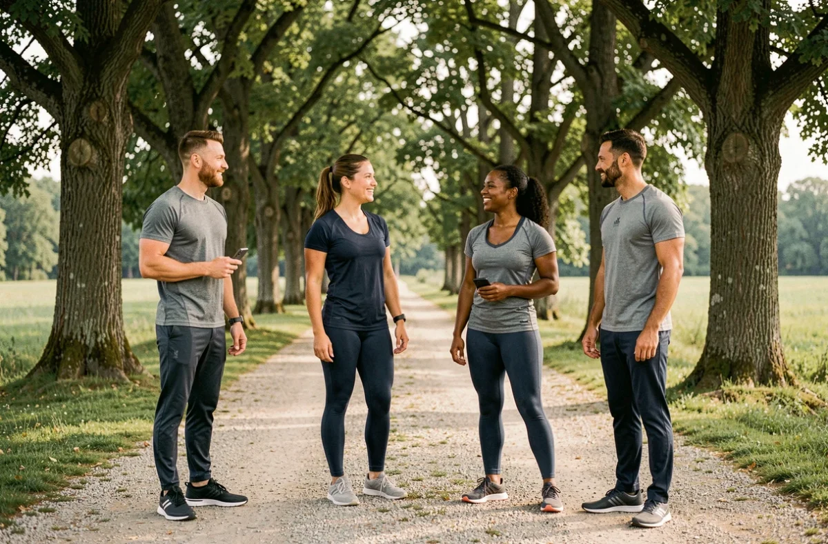 Groupe de coachs sportifs en Seine-et-Marne réunis dans un parc verdoyant