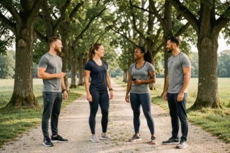 Groupe de coachs sportifs en Seine-et-Marne réunis dans un parc verdoyant