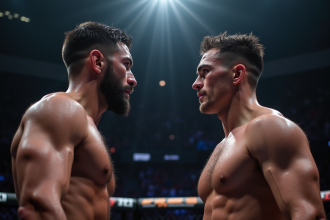 Deux combattants de MMA face à face dans la cage avant un combat