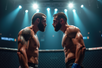 Deux combattants de MMA face à face dans l'octogone sous lumières intenses