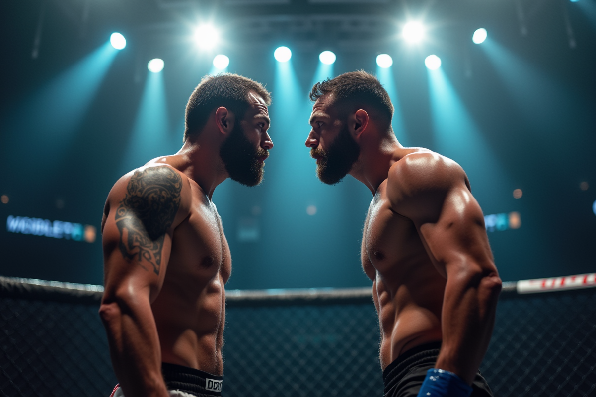 Deux combattants de MMA face à face dans l'octogone sous lumières intenses