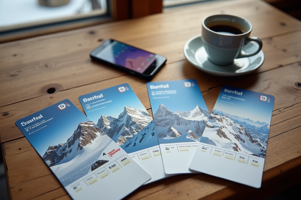 Comparatif de forfaits de ski posés sur une table en bois avec tarifs imprimés et smartphone dans un chalet alpin