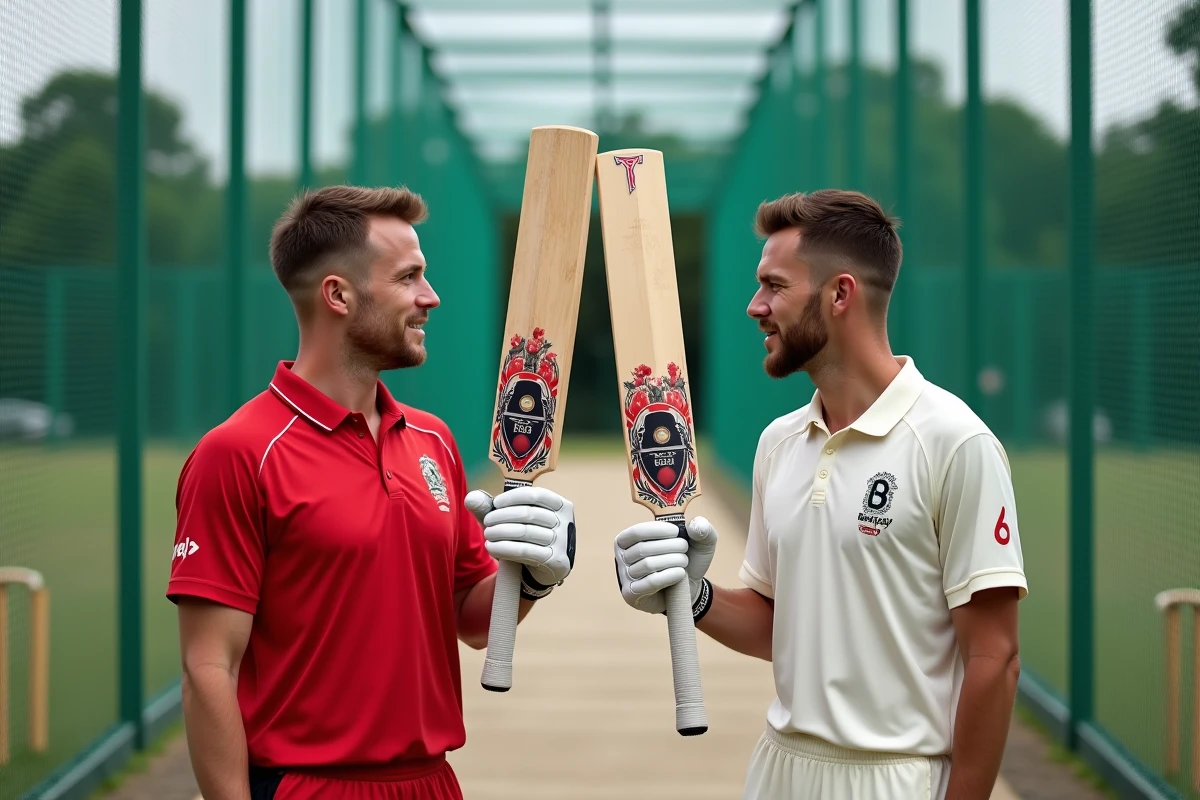 Deux joueurs de cricket comparant des modèles de battes Beat All Sports lors d'un entraînement en filet
