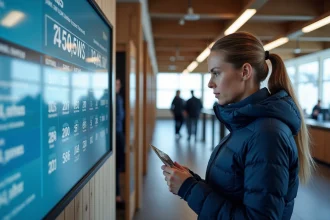 Skieuse comparant les tarifs de forfaits de ski au guichet de la station de Pra Loup dans les Alpes