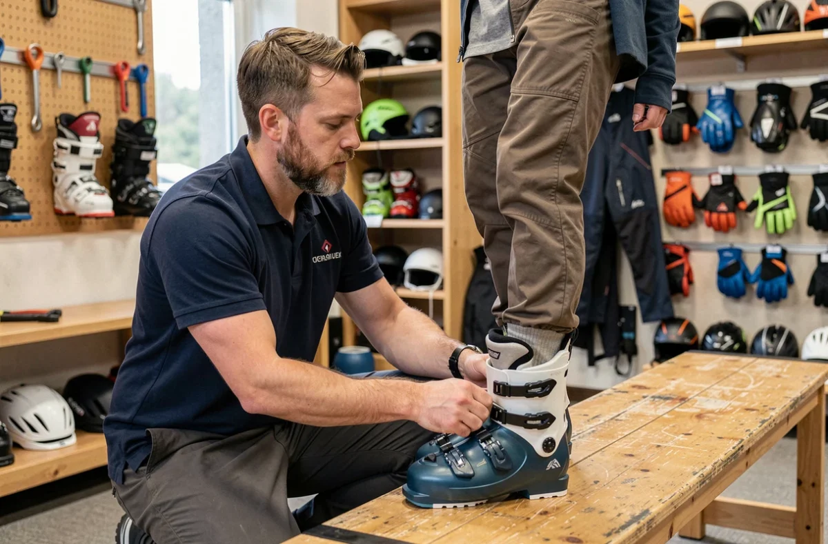 Employé de magasin de location de ski aidant un client débutant à choisir et ajuster ses chaussures de ski