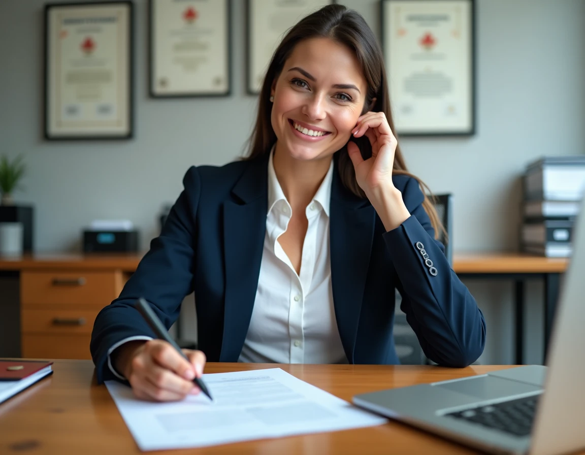 Administratrice sportive signant un contrat d'arbitre professionnel dans un bureau de fédération sportive moderne