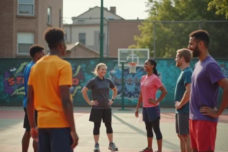 Groupe d'adultes participants à une session sportive communautaire organisée par un County Sports Partnership sur un terrain de basket urbain