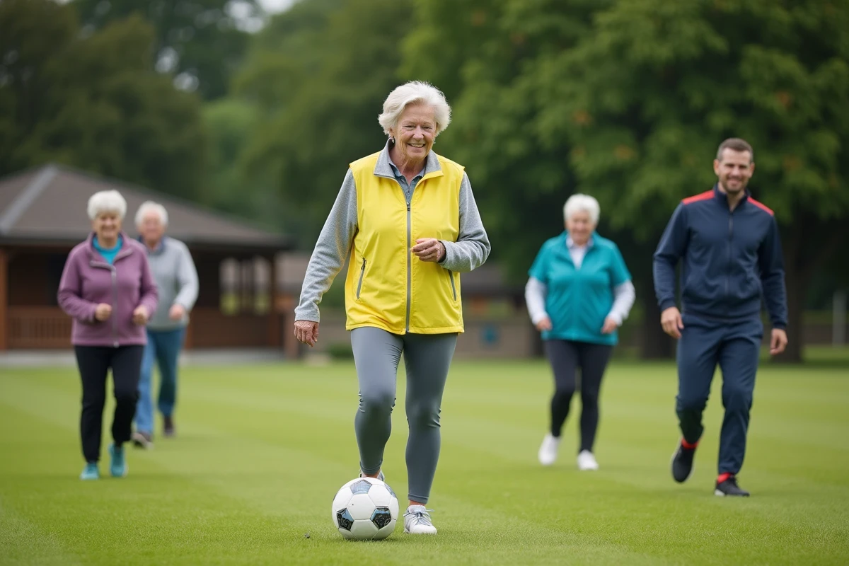 Seniors participant à une session de walking football organisée par un County Sports Partnership dans un parc public